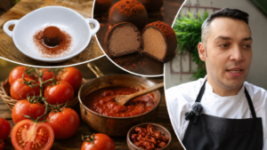 INTERVIU VIDEO  Un bucătar român a inventat pralinele din roșii: „Din 6 kg de roșii am obținut doar 2 kg de sos super concentrat, apoi l-am combinat cu ciocolată albă”