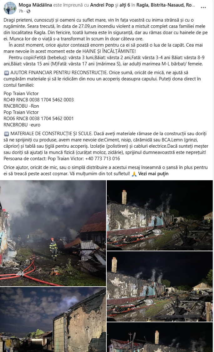 „Au rămas doar în șlapi și hainele de pe ei! E nevoie de ajutor!” a transmis primarul comunei Dumitrița, în urma incendi