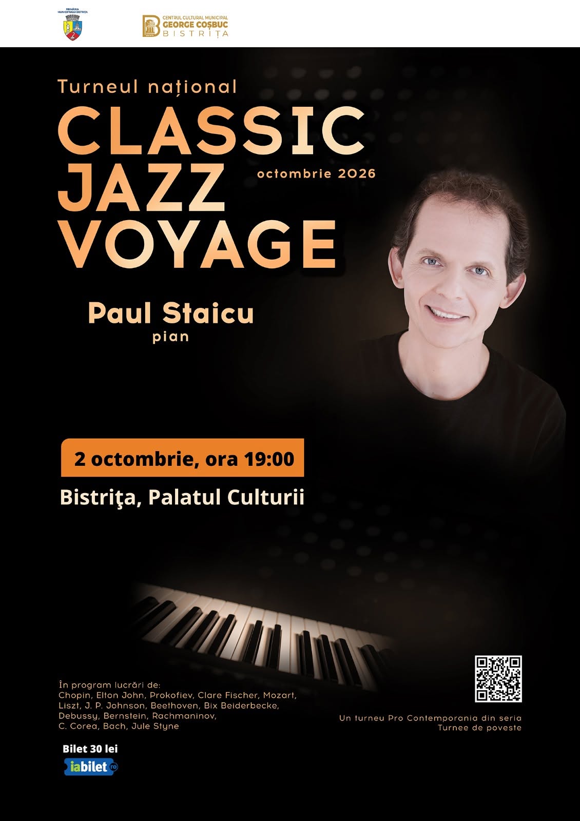 Classic. Jazz. Voyage, în 2 octombrie, la Palatul Culturii Bistrița, cu pianistul Paul Staicu: „Un dialog firesc, fără g
