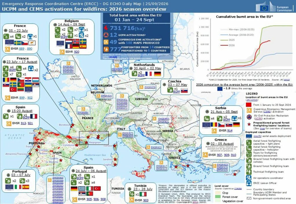 Harta incendiilor care au mistuit Europa în 2026. Suprafața arsă în UE este de aproape două ori peste media ultimilor 20