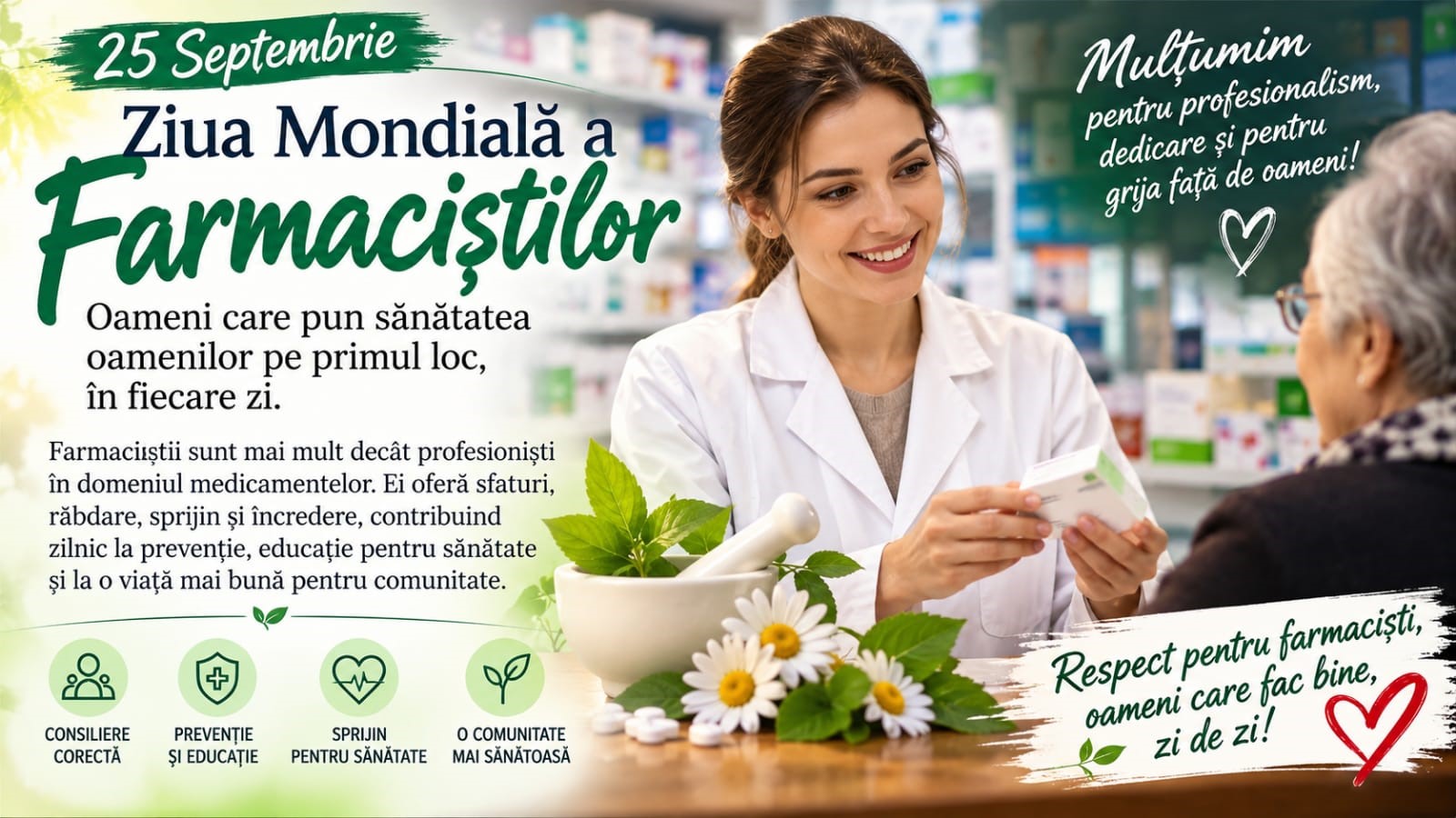 25 SEPTEMBRIE – ZIUA MONDIALĂ A FARMACIȘTILOR. Oamenii din spatele halatului alb: când știința se întâlnește cu grija pe