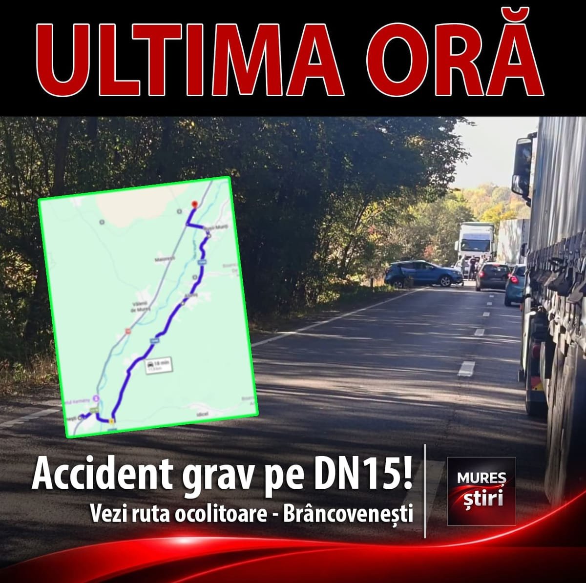 Accident grav între Vălenii de Mureș și Brâncovenești: traficul este blocat