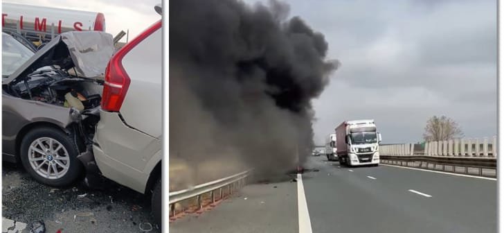 Accidente în lanț pe Autostrada Vestului în Timiș, după un incendiu la un tir; trei oameni au fost răniți