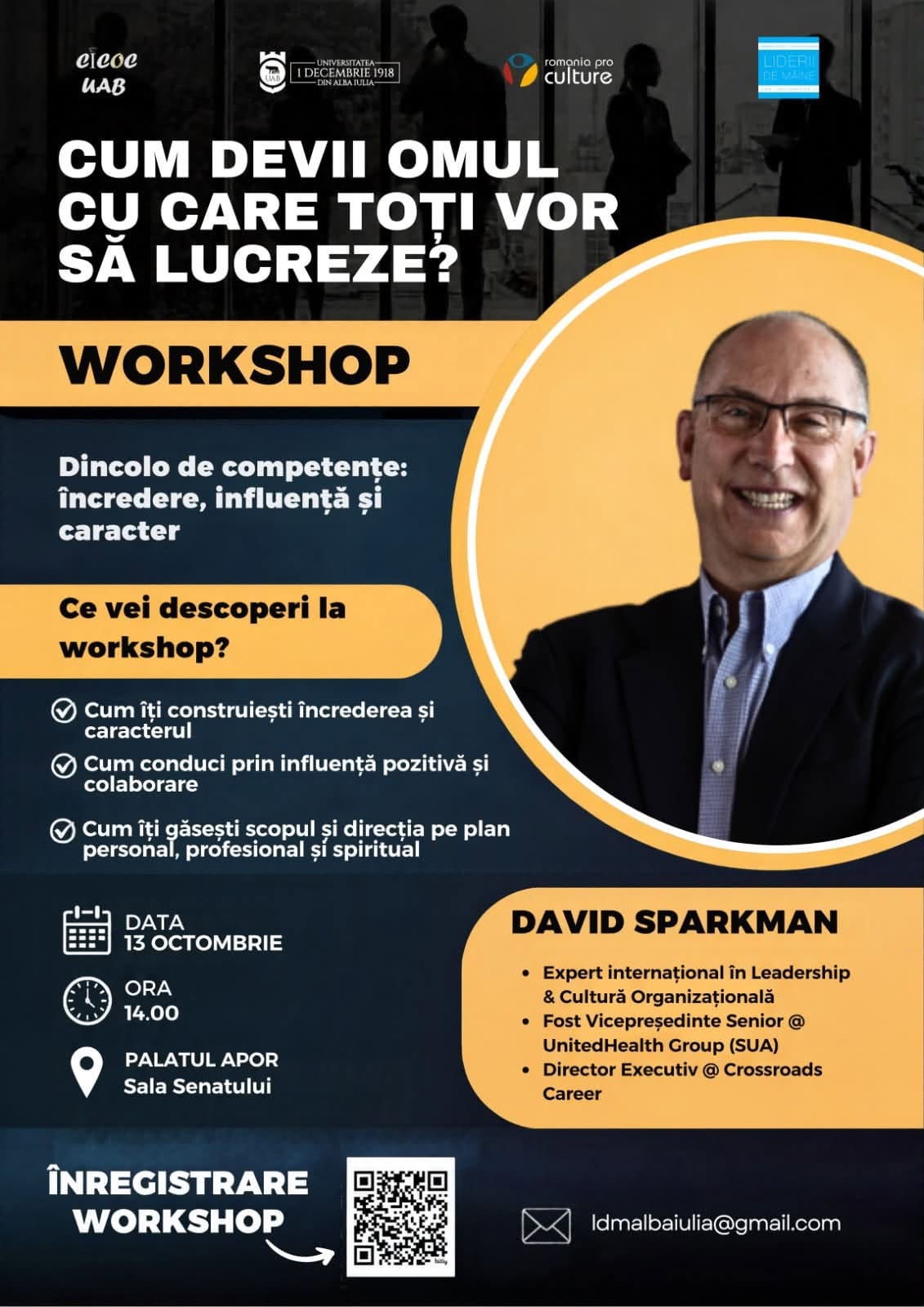 Alba Iulia: David Sparkman, expert în leadership și cultură organizațională, susține un workshop