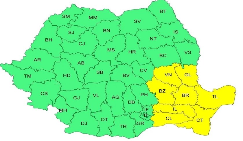 ANM a emis Cod galben de vânt puternic în opt județe, cu rafale de 50–70 km/h și ninsori la munte