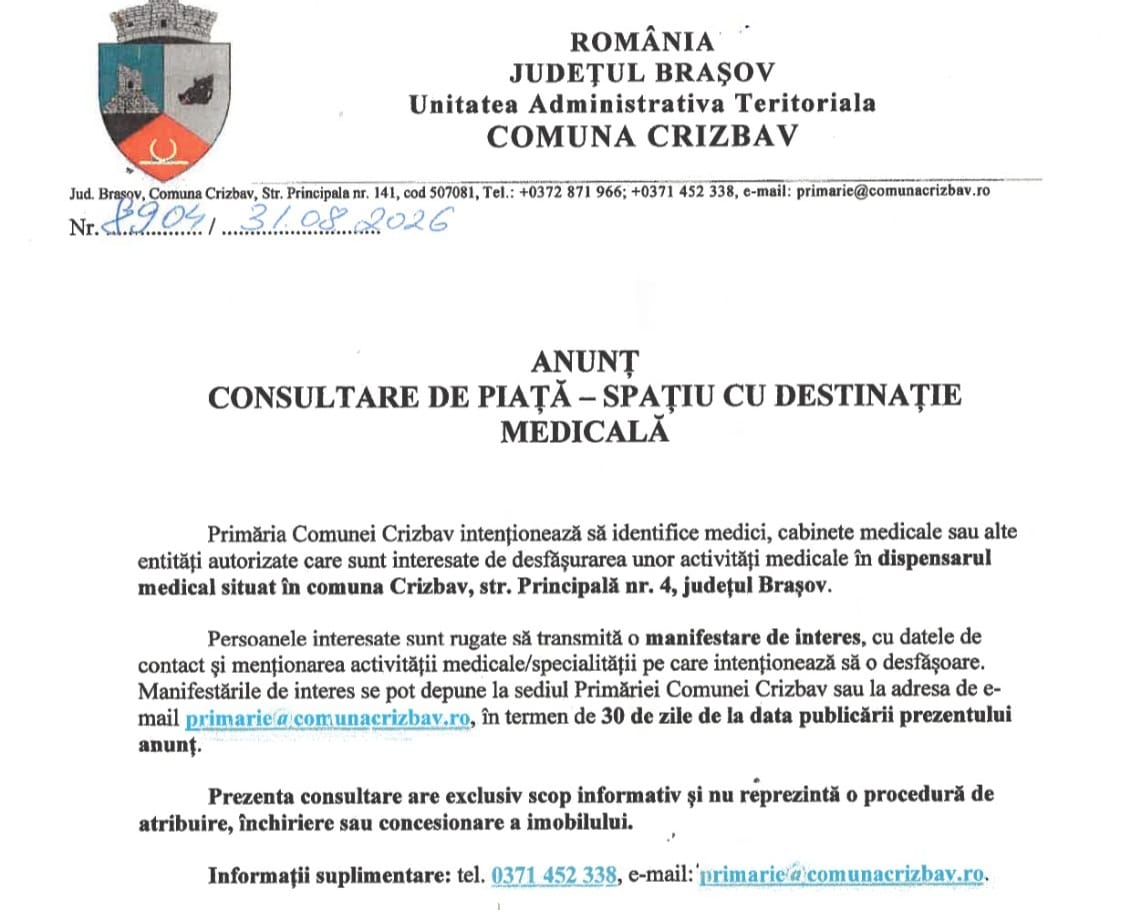 Anunț consultare piață Spațiu destinație medicală