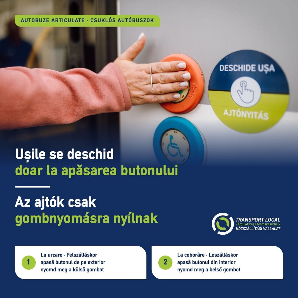 Atenție în Târgu Mureș: la autobuzele articulate, călătorii deschid singuri ușile apăsând un buton