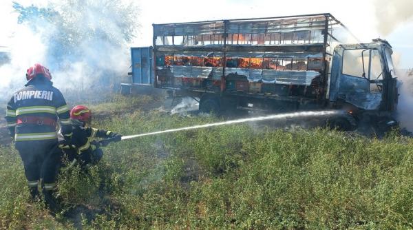 Autocamion încărcat cu stupi, ars complet în Argeș. Incendiul s-a extins la o combină agricolă