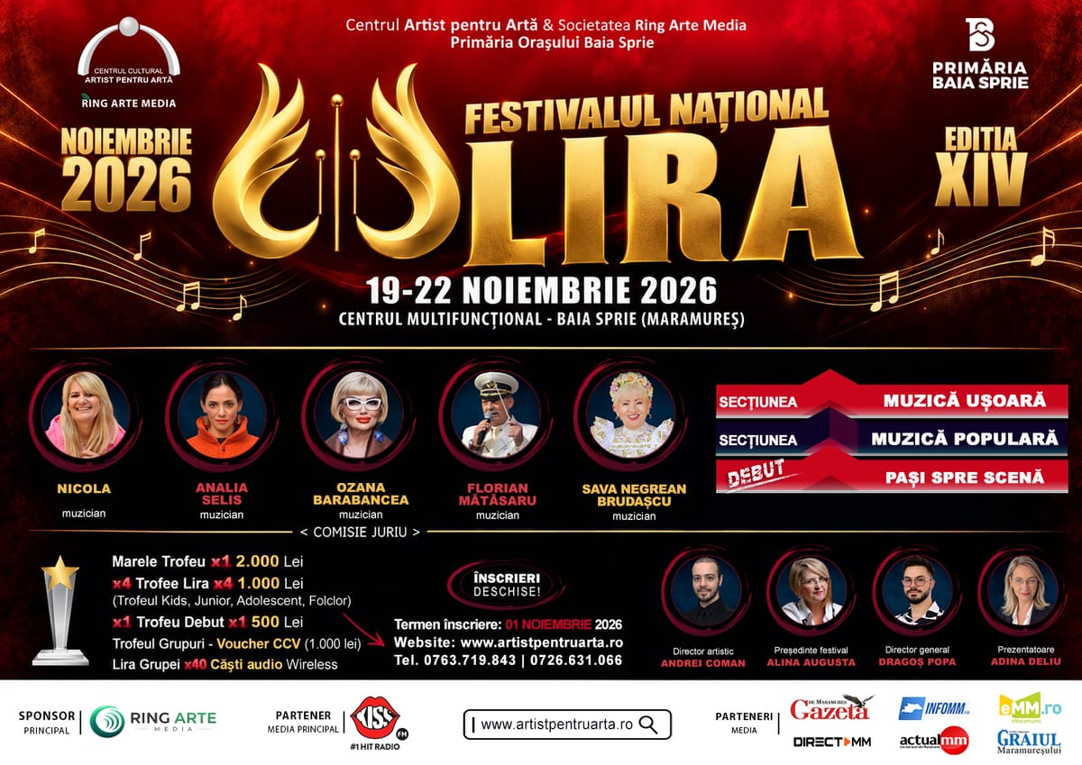 Baia Sprie găzduiește Festivalul LIRA în 19–22 noiembrie, cu Ozana Barabancea și Nicola în juriu