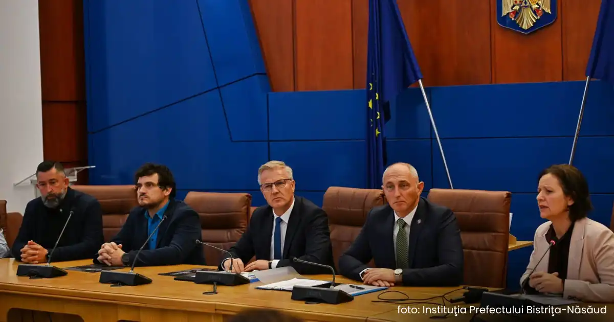 Cinci persoane așezate la o masă cu microfoane într-o sală oficială cu steaguri și stema României, cu mențiunea foto: Instituția Prefectului Bistrița-Năsăud, ad