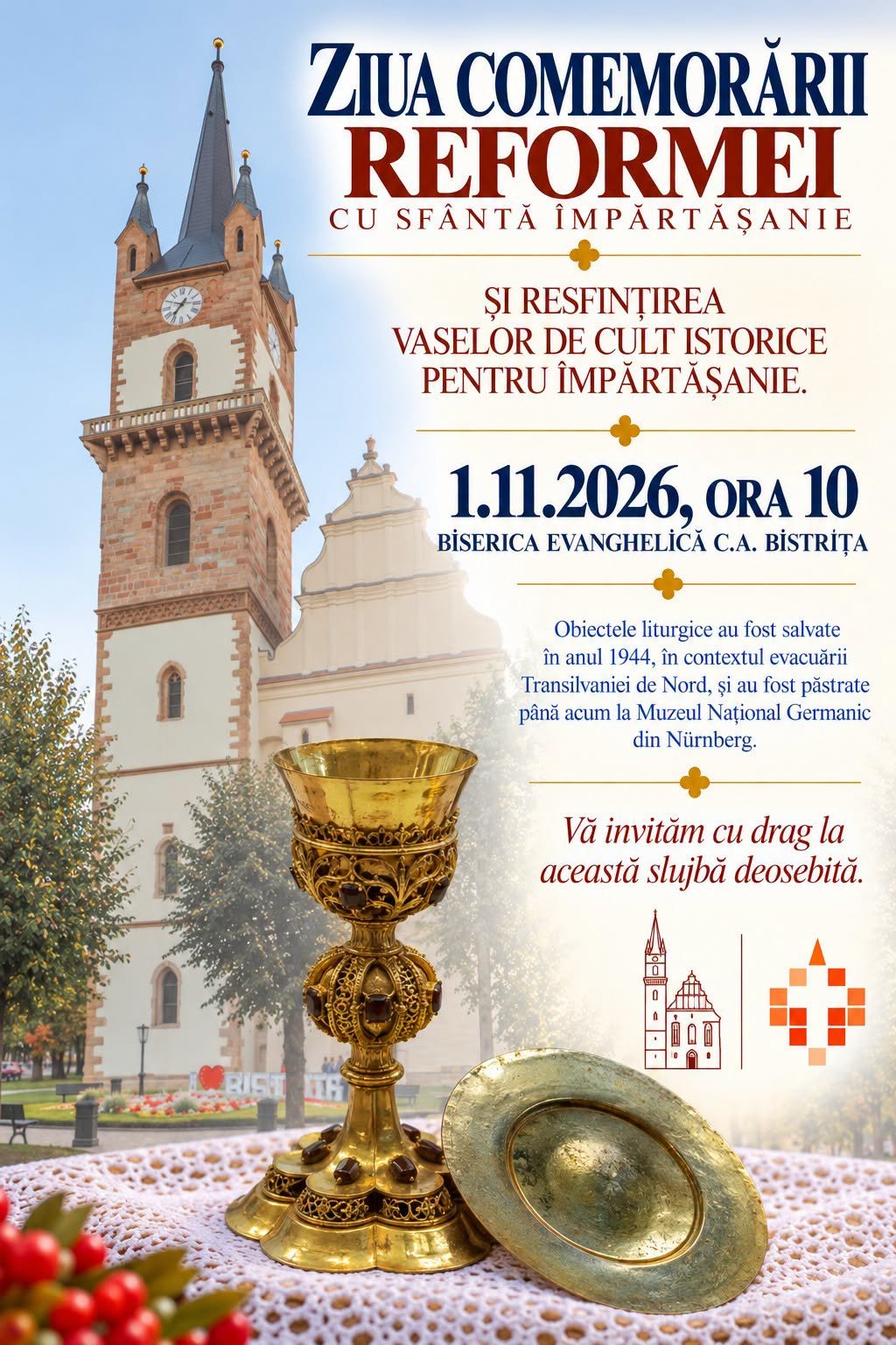 Bistrița: două vase de cult istorice se întorc în Biserica Evanghelică după 82 de ani, resfințite duminică