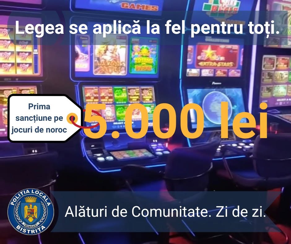 Bistrița: sală de păcănele deschisă la ora 02:00, amendată cu 5.000 de lei de Poliția Locală