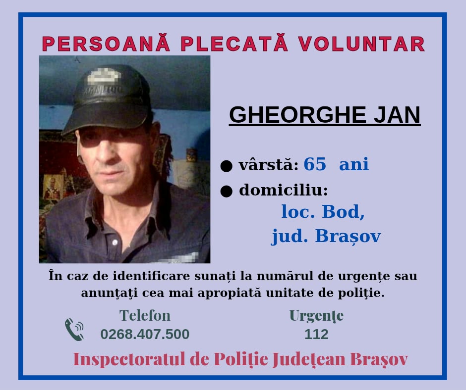 Bod: bărbat de 65 de ani, dispărut după ce a plecat de la serviciu. Polițiștii cer ajutorul cetățenilor