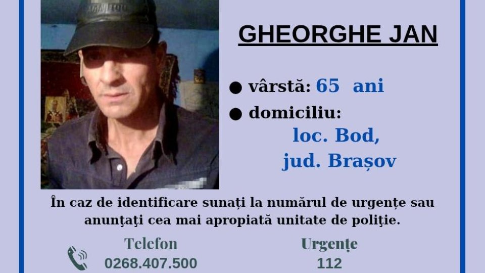 Bod, Brașov: poliția caută un bărbat de 65 de ani plecat de la serviciu și nereîntors acasă