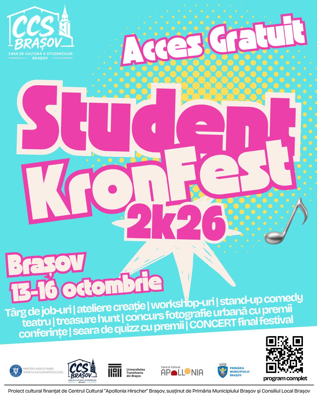 Brașov: Student KronFest 2K26, festival gratuit pentru studenți și tineri, în 13–16 octombrie