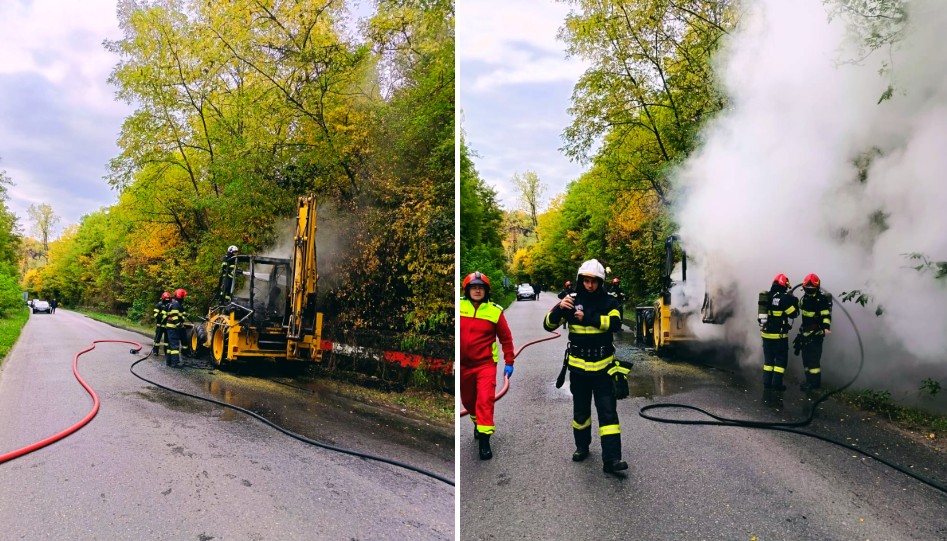 Buldoexcavator cuprins de flăcări pe DN 687 A, între Hunedoara și Teliucu Inferior