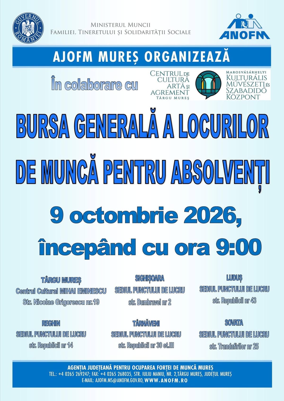 Bursa locurilor de muncă pentru absolvenți în Mureş și în Luduș! Vineri, 9 octombrie 2026