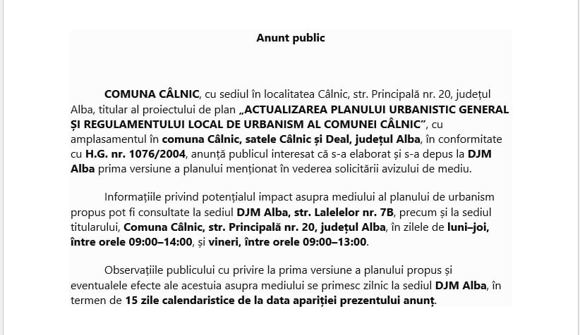 Câlnic: anunț public privind actualizarea Planului Urbanistic General și a Regulamentului Local de Urbanism