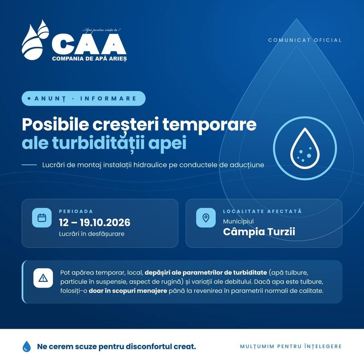 Câmpia Turzii: apa poate deveni tulbure din cauza lucrărilor la conducte, între 12 și 19 octombrie