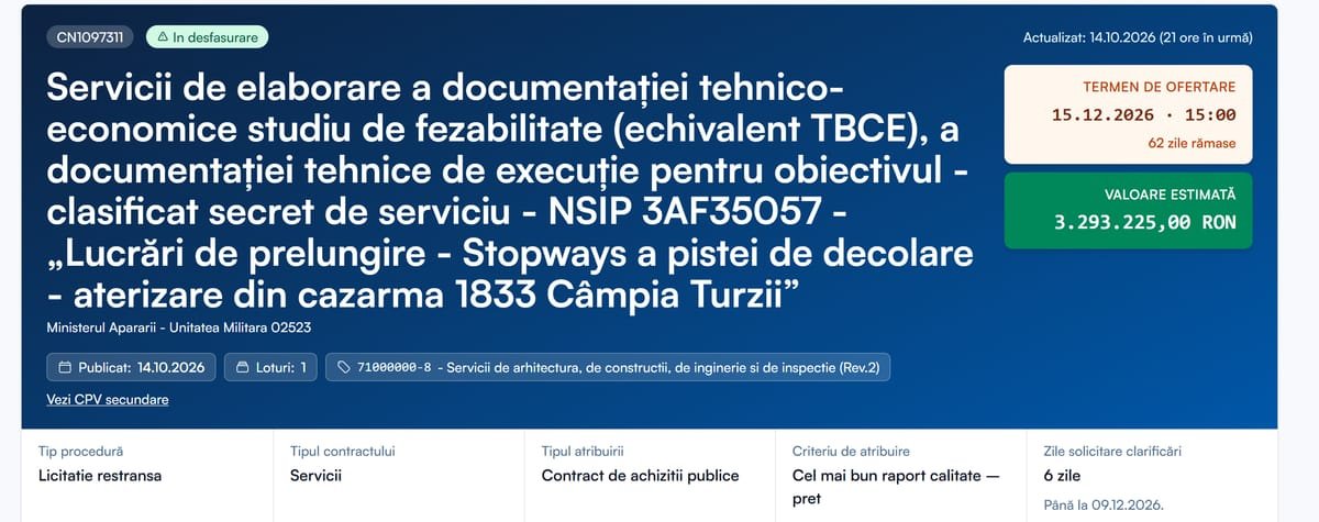 Câmpia Turzii: MApN licitează proiectarea prelungirii pistei bazei aeriene, cu finanțare NATO
