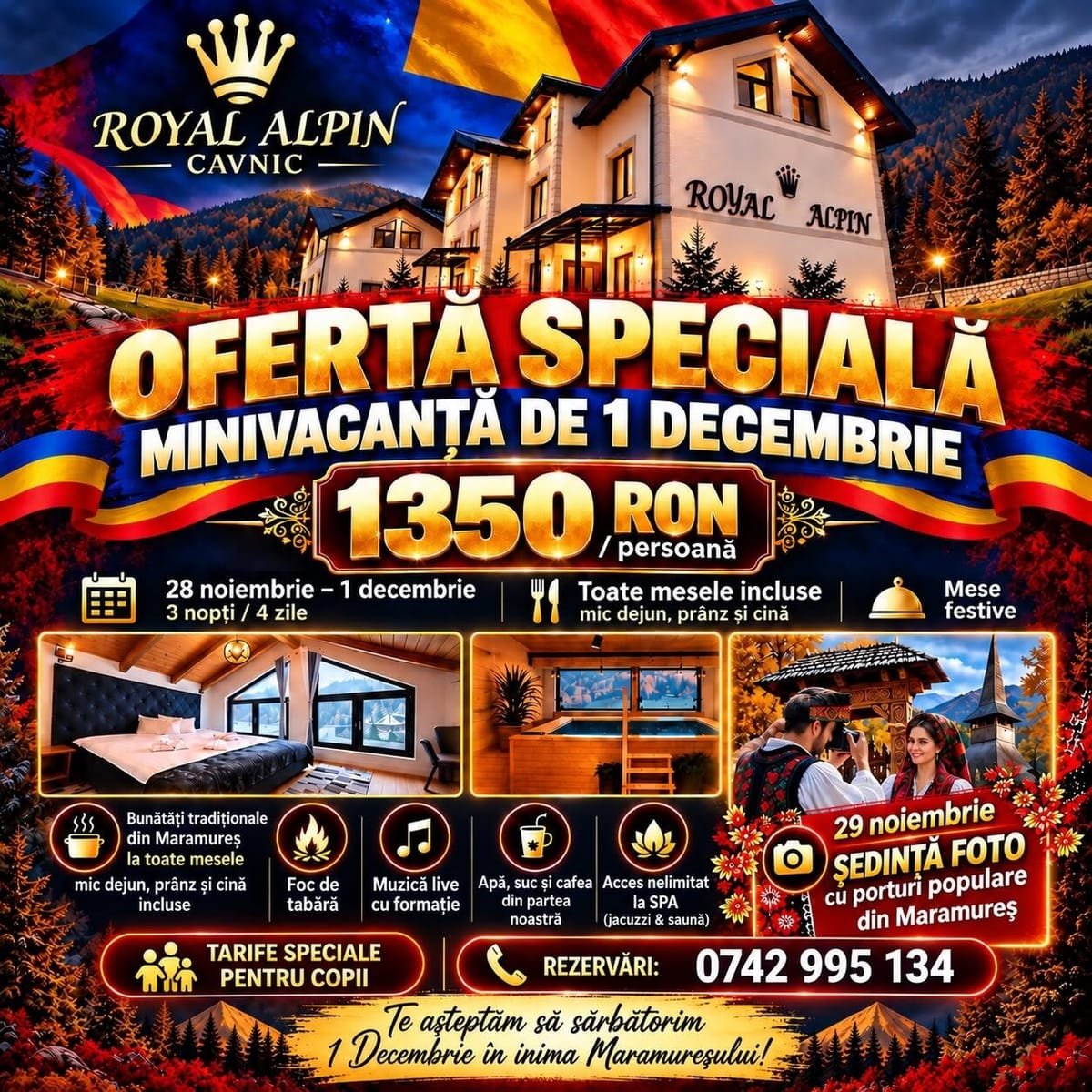 Cavnic: minivacanță de 1 Decembrie la Royal Alpin, cu trei nopți de cazare, mese incluse și SPA