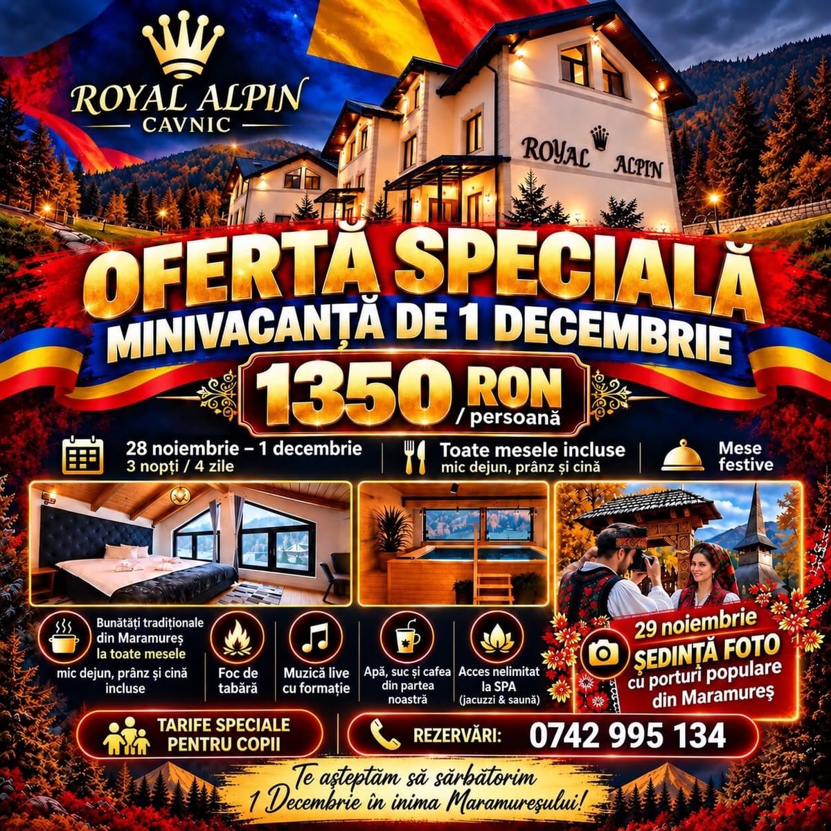 Cavnic: minivacanță de 1 Decembrie la Royal Alpin, cu trei nopți, mese incluse și SPA