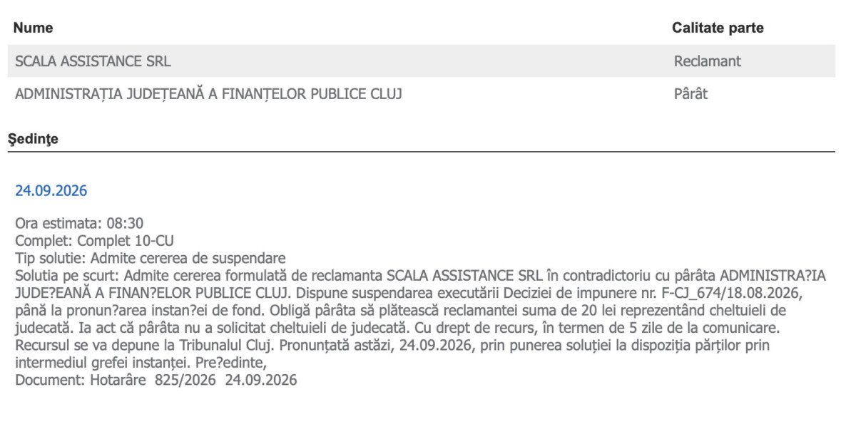 Cluj: decizia AJFP de impunere de aproape 3 milioane lei pentru roviniete.ro, suspendată de tribunal