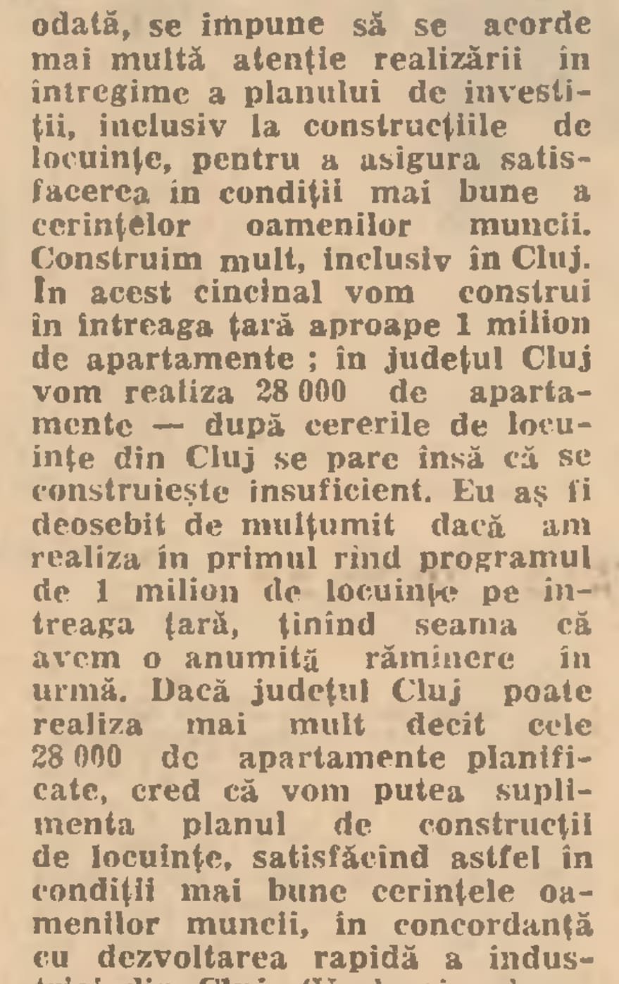 Cluj: în 1978, Ceaușescu cerea ca județul să depășească programul de 28.000 de apartamente