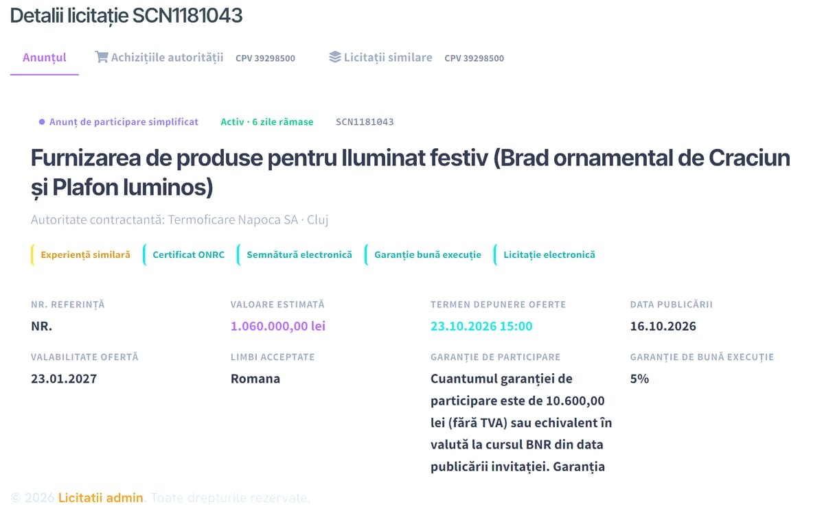Cluj: licitație de 1,06 milioane de lei pentru brad de 18 metri în Piața Unirii și plafon pe Kogălniceanu