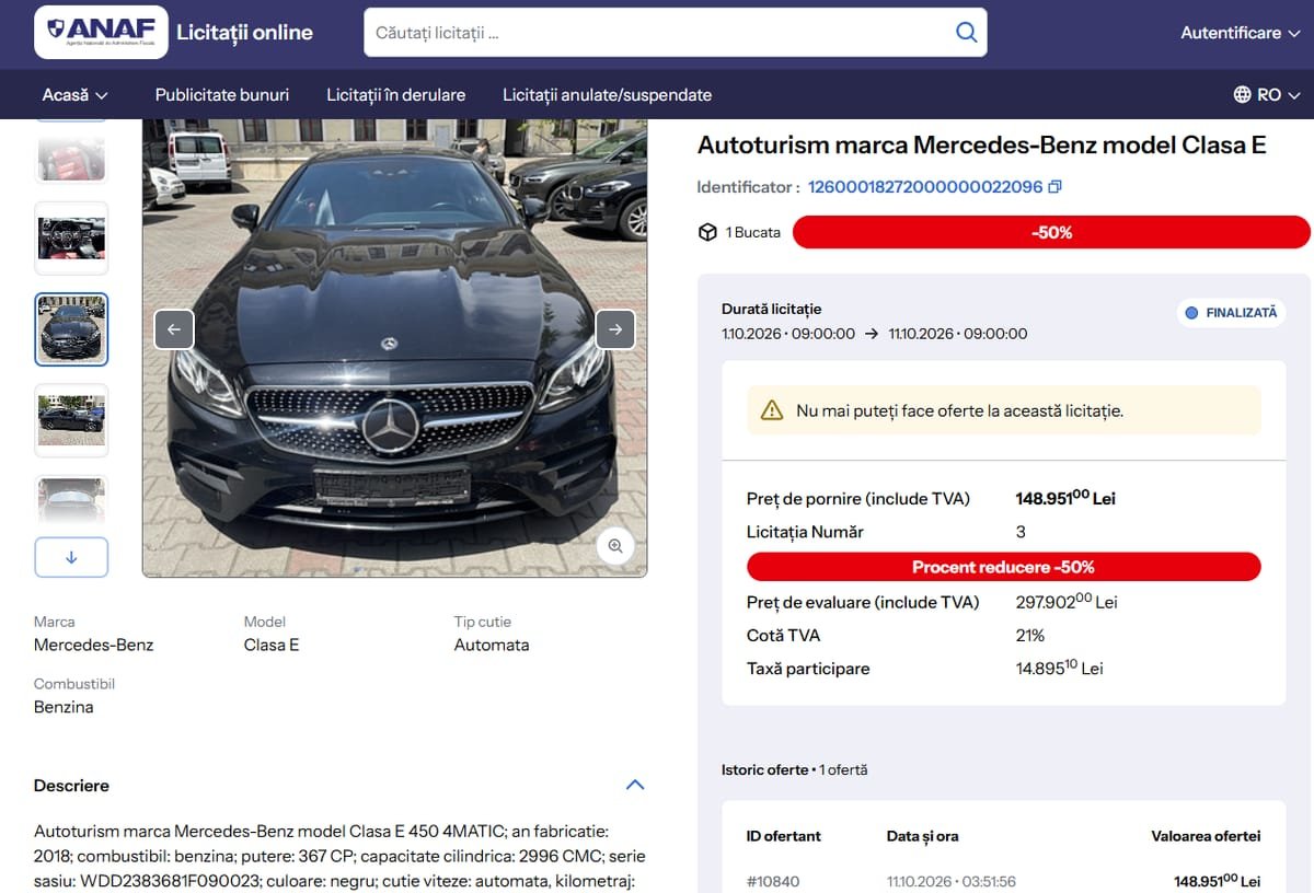 Cluj: Mercedes E 450 scos la licitație de ANAF, adjudecat la prețul de pornire, 148.951 de lei