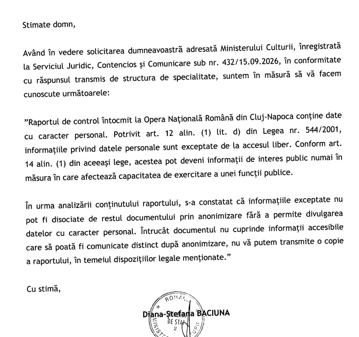Cluj: Ministerul Culturii refuză să publice raportul de control de la Opera, invocând datele personale