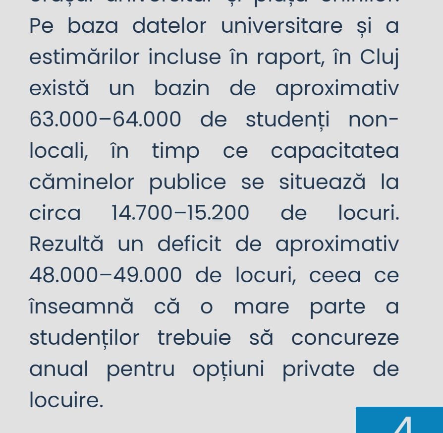 Cluj-Napoca are un deficit estimat de 48.000–49.000 de locuri de cazare pentru studenți