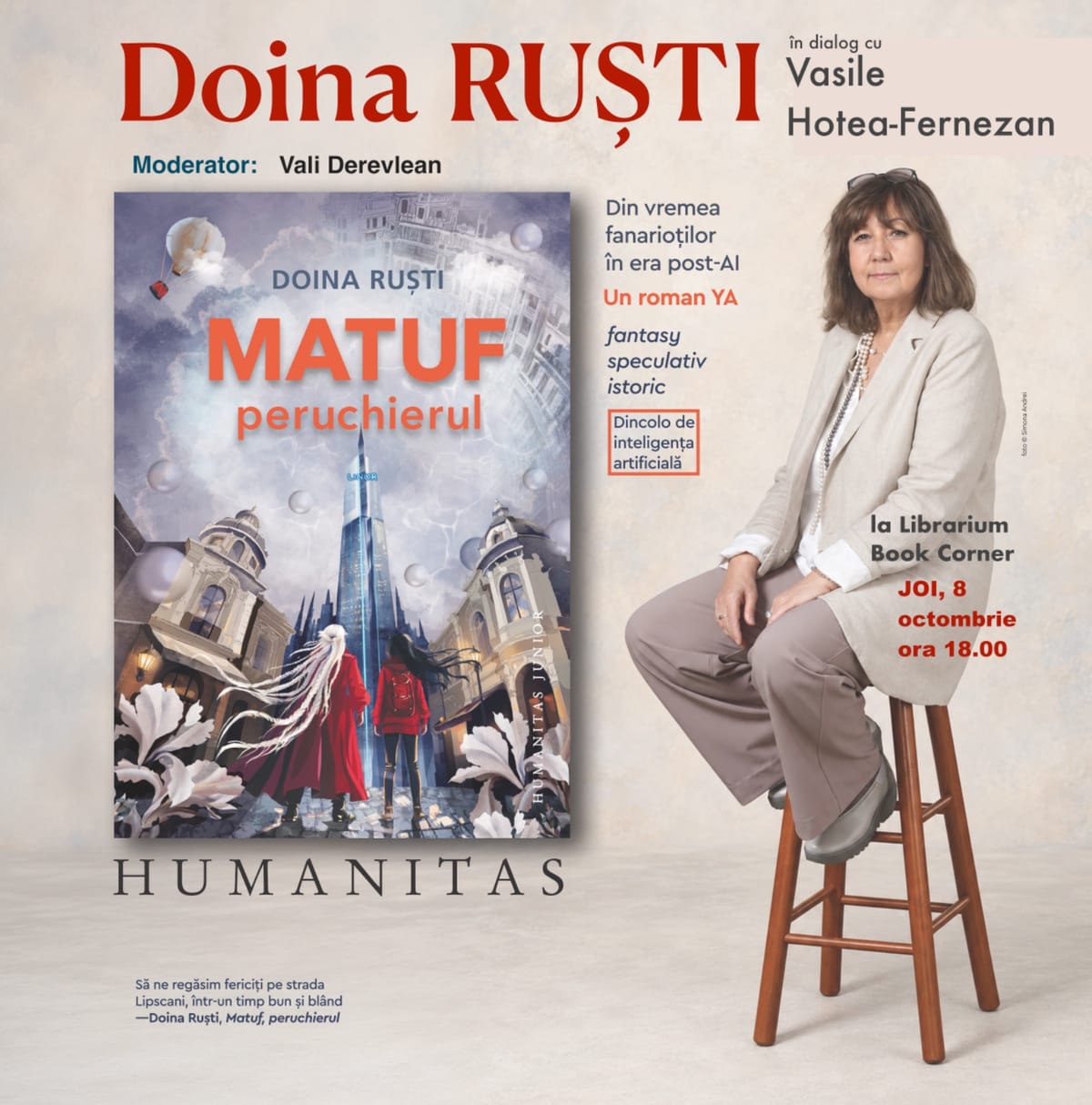 Cluj-Napoca: Doina Ruști lansează romanul Matuf, peruchierul la Librarium Book Corner