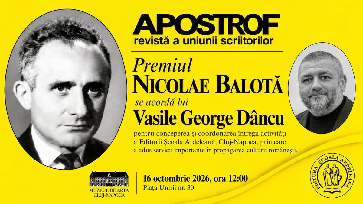 Cluj-Napoca: Gala Premiilor revistei „Apostrof” 2026 se desfășoară vineri, la Muzeul de Artă