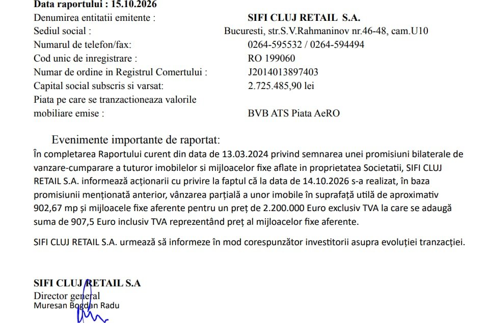Cluj: SIFI Cluj Retail, fosta Arta Culinară, a vândut imobile de 2,2 milioane de euro