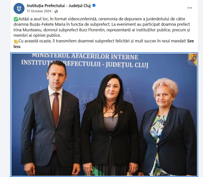 Cluj: subprefecta Buzás-Fekete Maria, eliberată din funcție, nu a absolvit cursul obligatoriu în termen