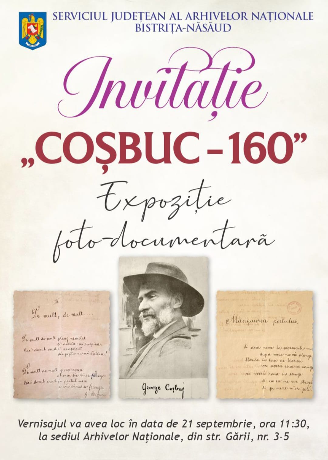 „Coșbuc – 160”. Expoziție foto-documentară dedicată poetului George Coșbuc, la Bistrița