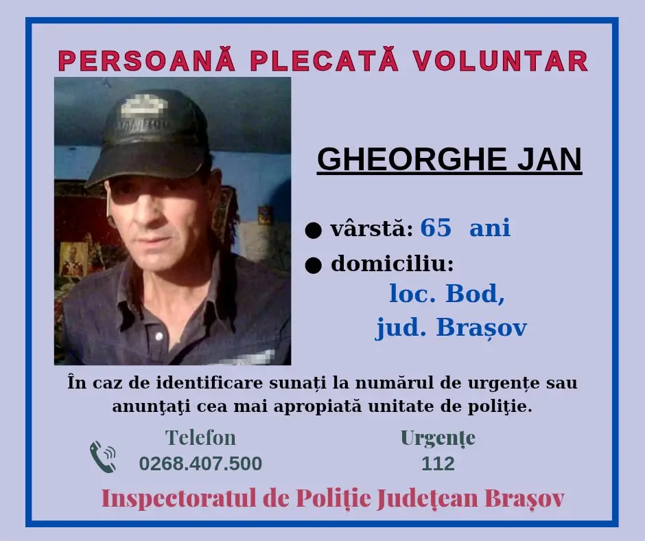 Comuna Bod: Gheorghe Jan, 65 de ani, dispărut după ce a plecat de la locul de muncă