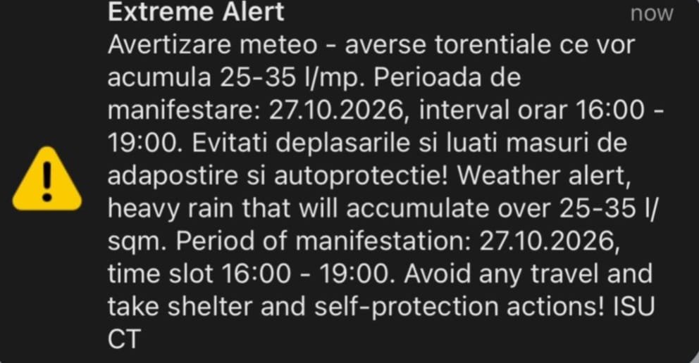Constanța: cod roșu de ploi, au fost emise două mesaje de avertizare RO-Alert