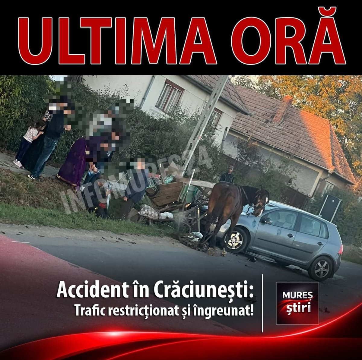 Crăciunești, Mureș: accident rutier cu un autoturism și o căruță trasă de cal, trafic restricționat