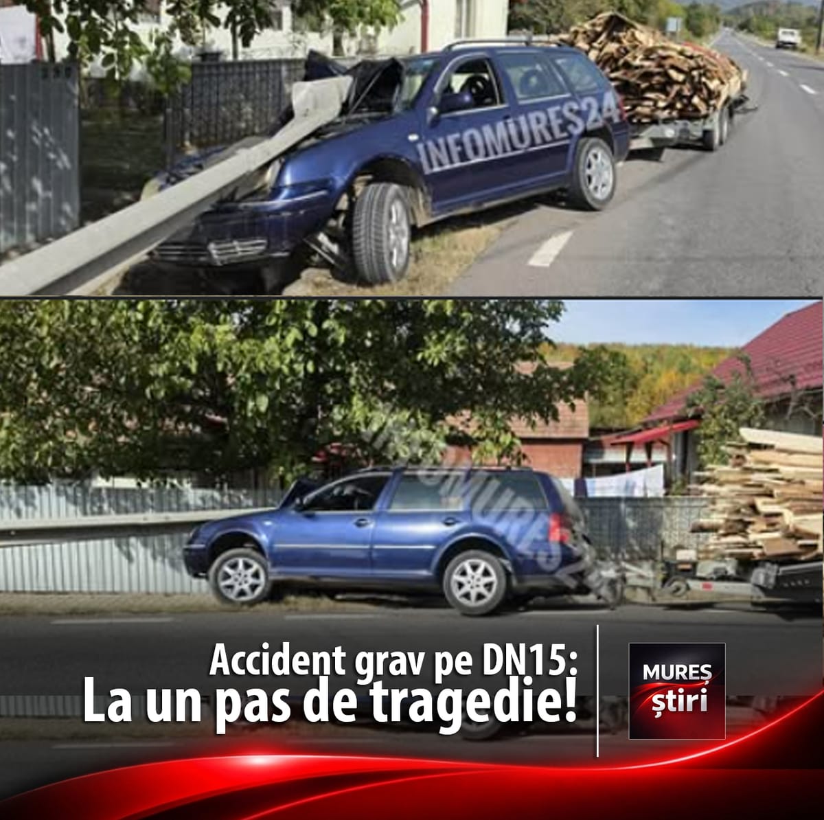 Deda, pe DN15: un autoturism cu platformă de lemn a ieșit în decor și a avariat un element de siguranță