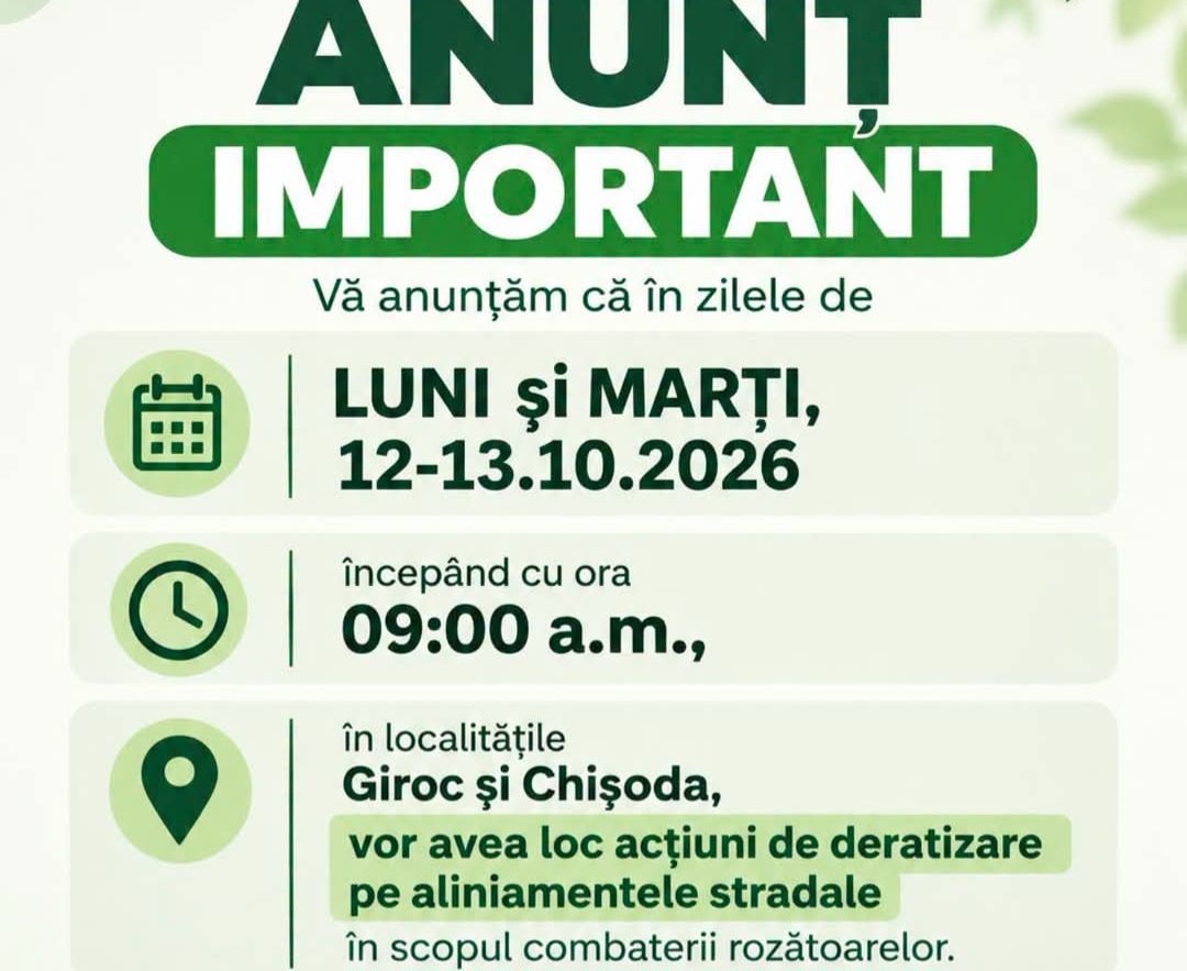 Deratizare în Giroc și Chișoda, pe străzi, de luni, 12 octombrie