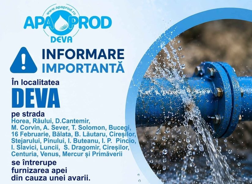 Deva: avarie la rețeaua de apă, întrerupere pe mai multe străzi, reluare estimată la ora 15:00