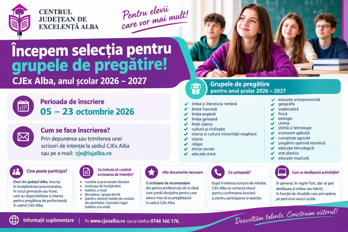 Elevii din Alba se pot înscrie la grupele de pregătire organizate de Centrul Județean de Excelență. Documentele necesare