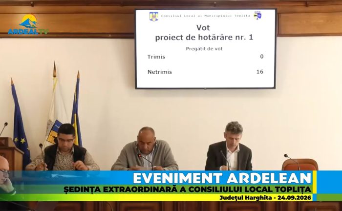 Eveniment Ardelean – Ședința Extraordinară a Consiliului Local Toplița, jud. Harghita, 24.09.2026