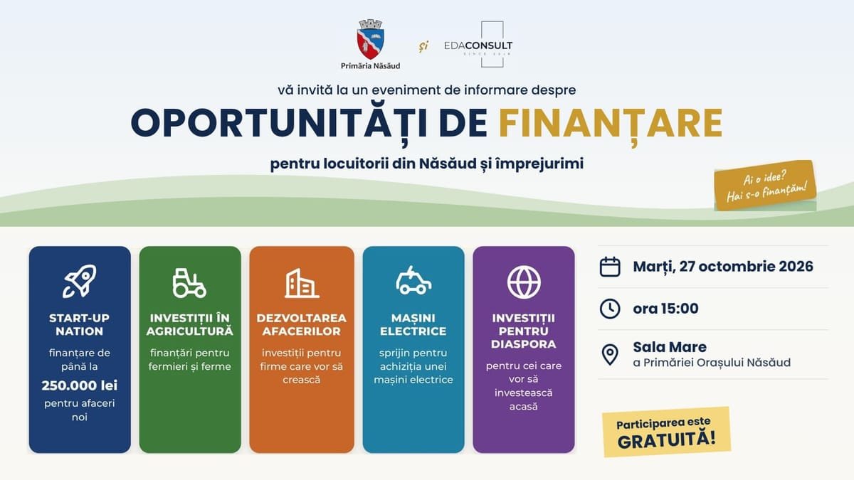 Eveniment gratuit pentru finanțări în Năsăud, pe 27 octombrie, la Primăria Năsăud