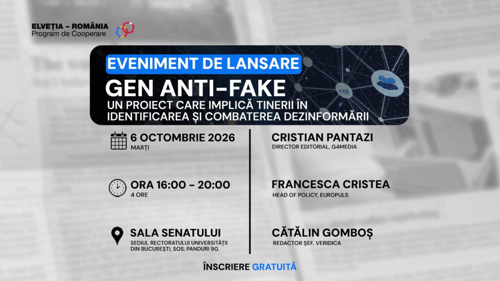 G4Media, Europuls și AIJR lansează „Gen Anti-Fake”, un proiect dedicat combaterii dezinformării în rândul tinerilor / Ev