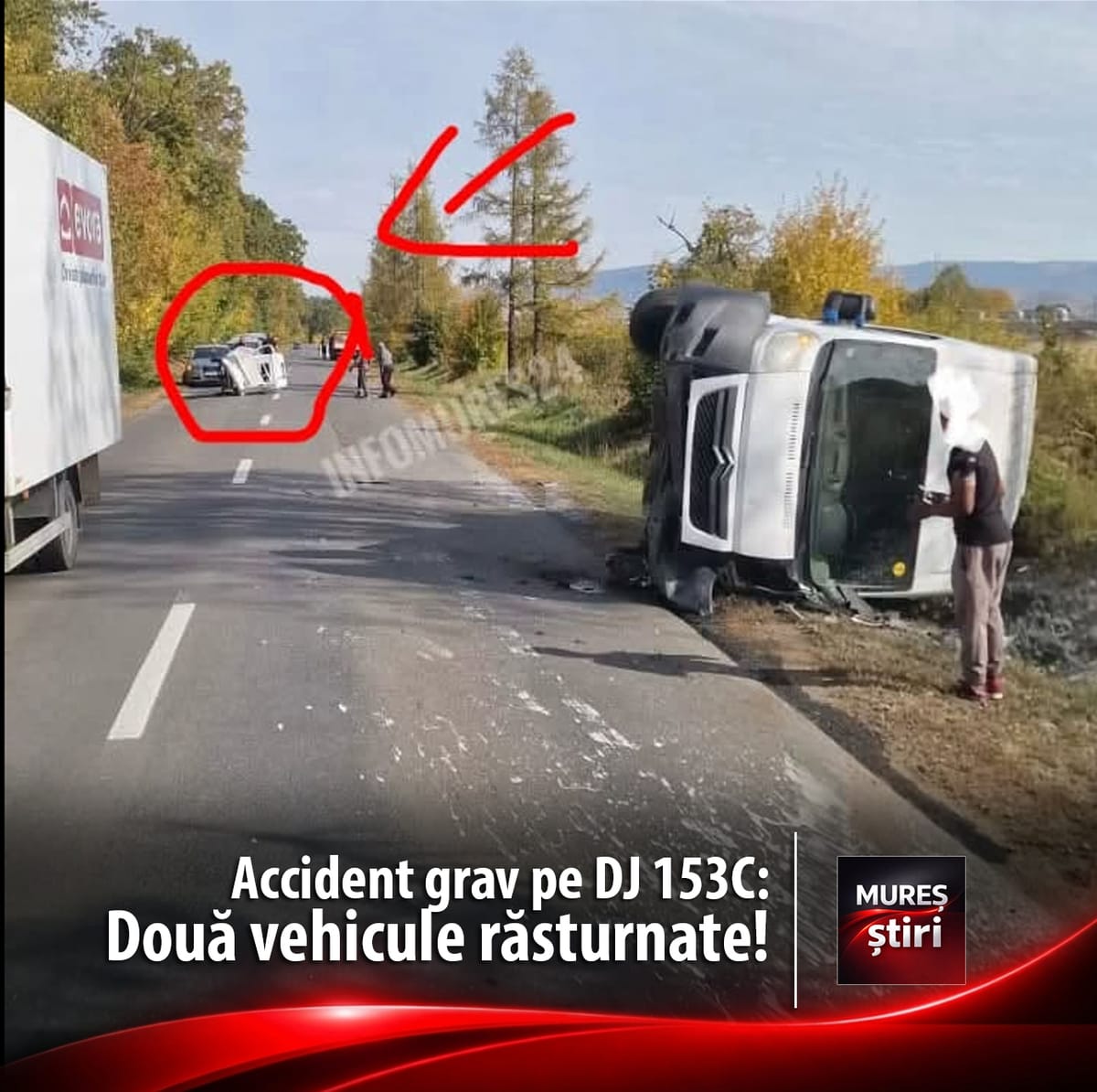 Gurghiu, Mureș: un utilitar și un triciclu s-au răsturnat după un accident rutier grav