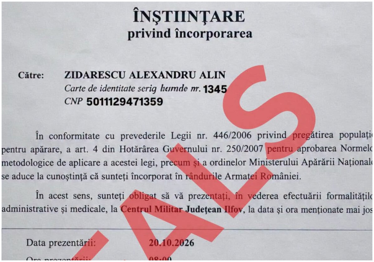 Ilfov: ordin fals de încorporare în armată, distribuit pe rețelele sociale. MApN: este o manipulare