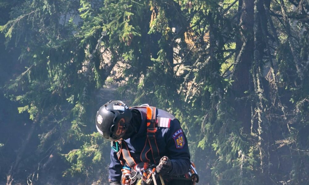 Incendiul din Parcul Naţional Retezat: Intervenţie dificilă a pompierilor. Alpiniştii au coborât în rapel până în apropi